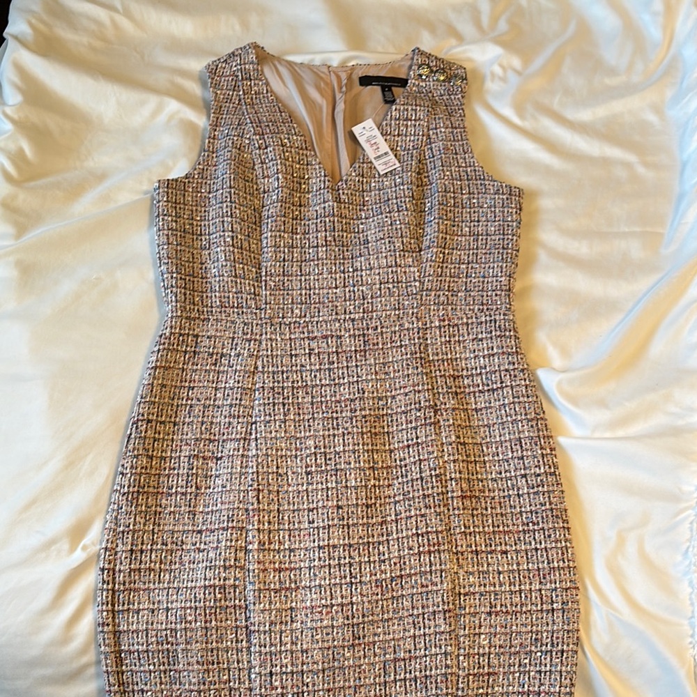 White House Black Market Tan and Cream Sheath Dress V-Neck Sleeveless